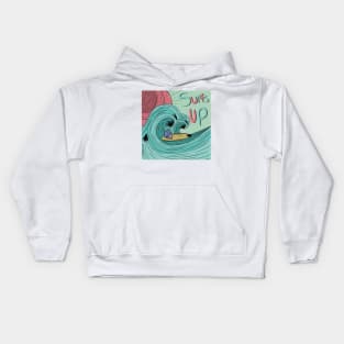 Skull on a surf board riding a wave Kids Hoodie